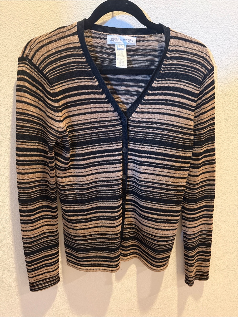 Jones New York Black and Tan Striped V-Neck Button Cardigan